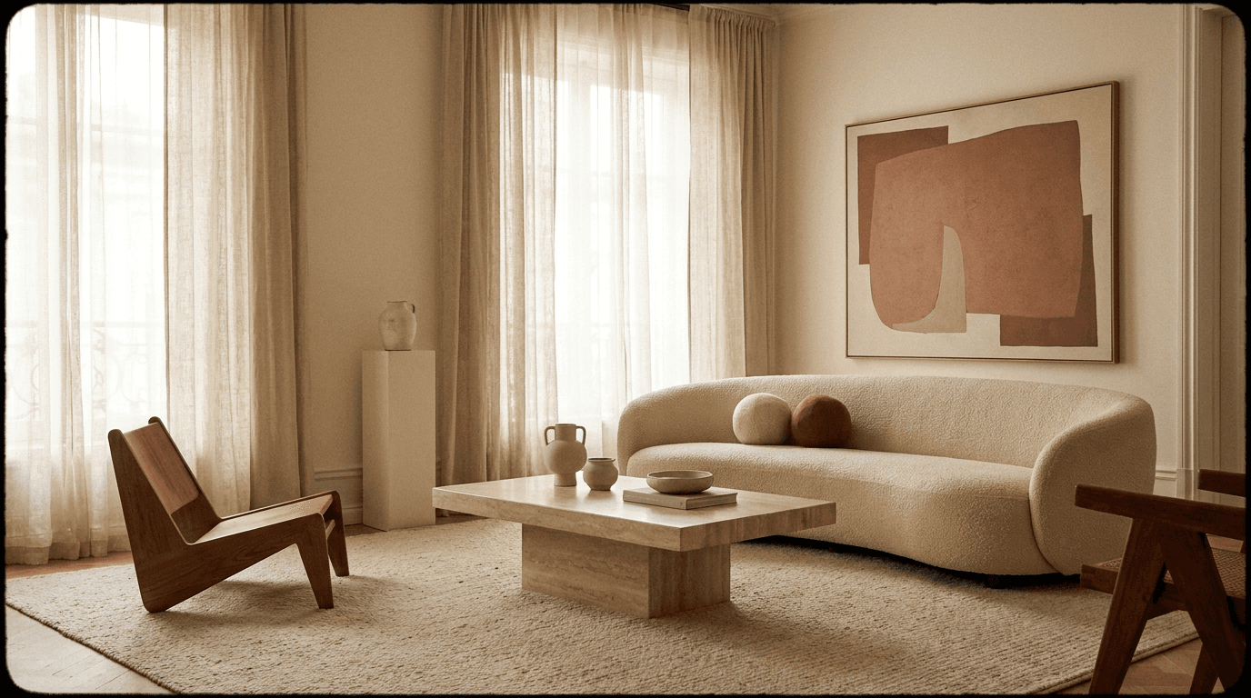 Luxury minimalist living room with warm natural lighting — editorial home decor hero