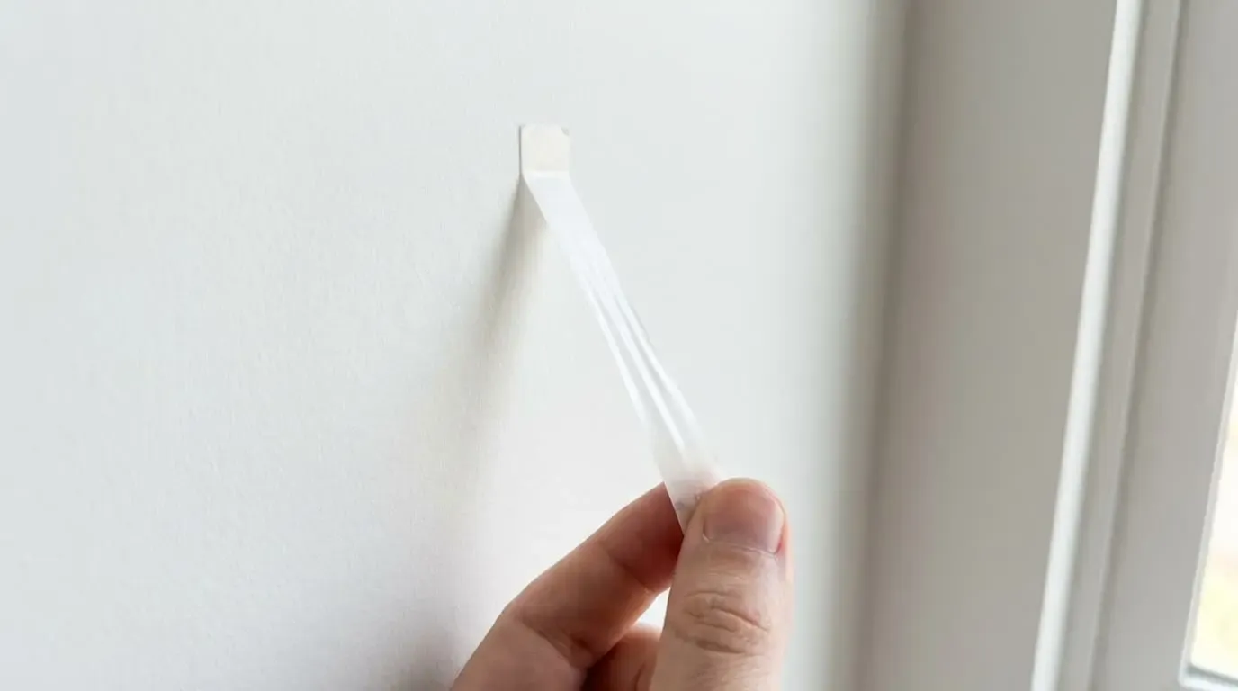 A hand pulling a stretch-release adhesive strip straight down a wall.