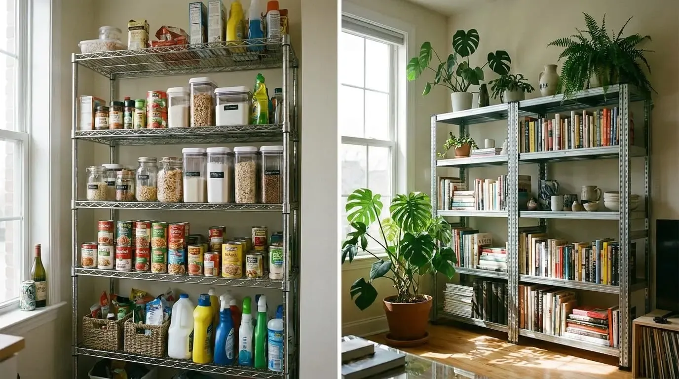 Industrial freestanding bookcase with plants and books in bright rental living room