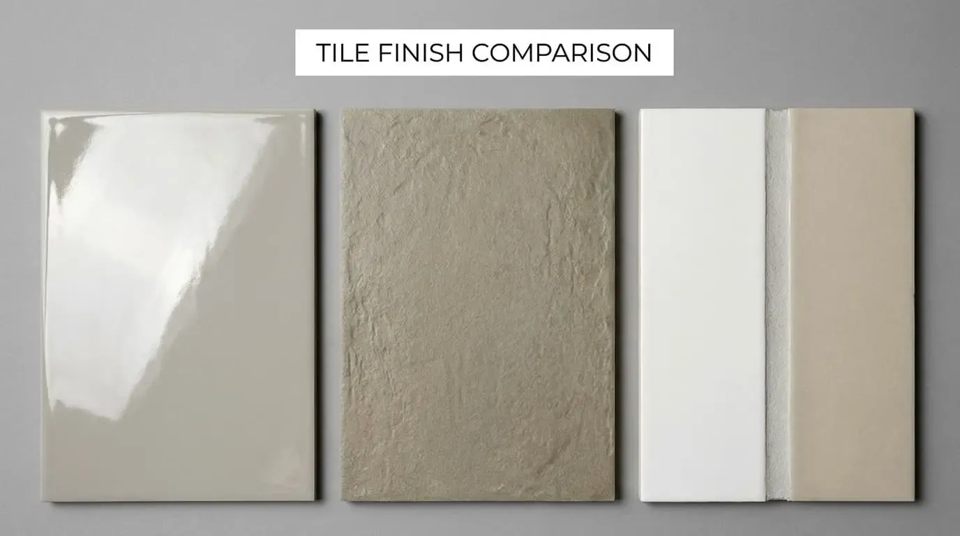Tile finish comparison showing glossy matte and textured options
