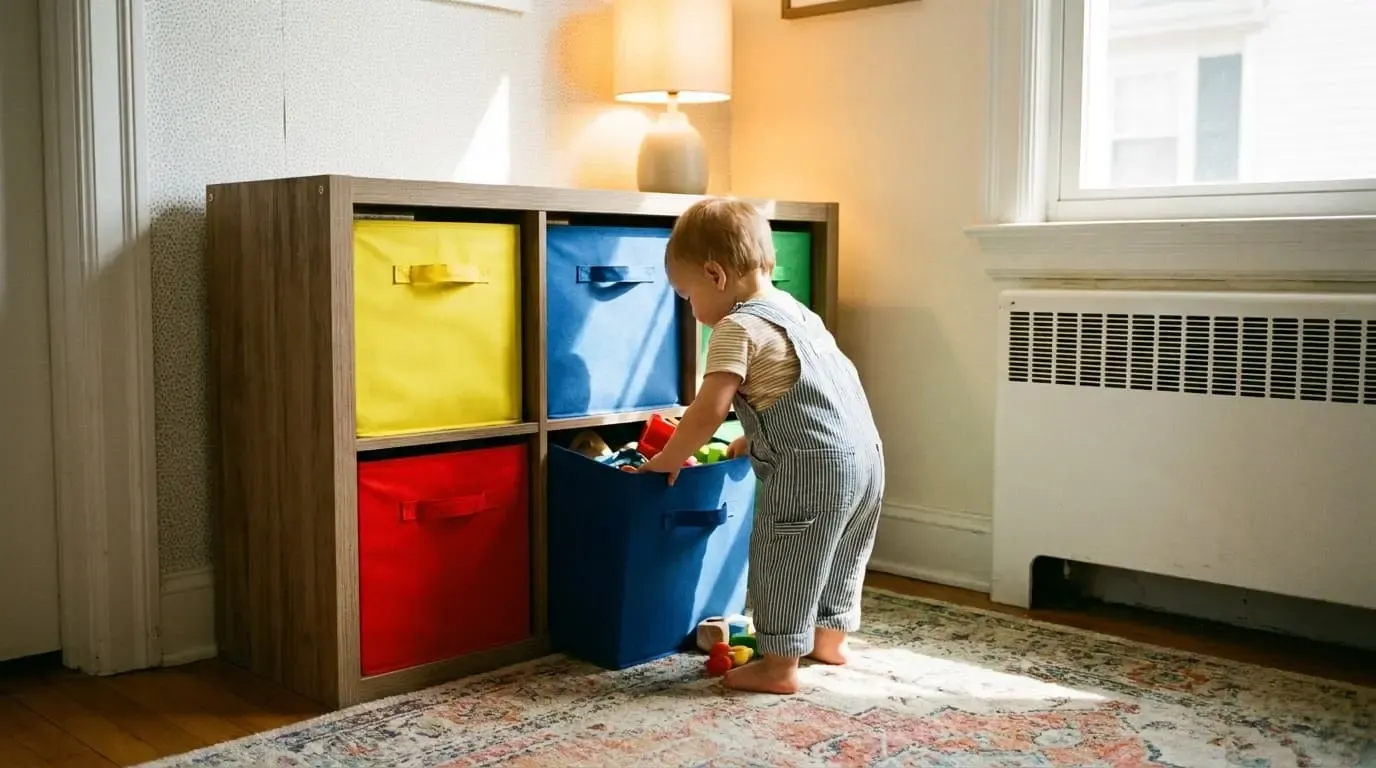 Toddler pulling toys from a blue fabric bin inside a wooden cube organizer shelf.