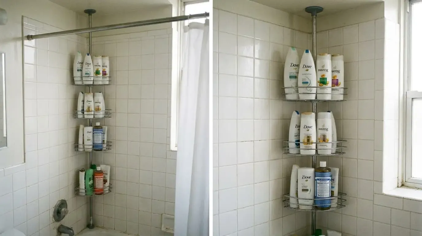 Split view of a silver tension corner caddy loaded with shampoo and soap bottles.