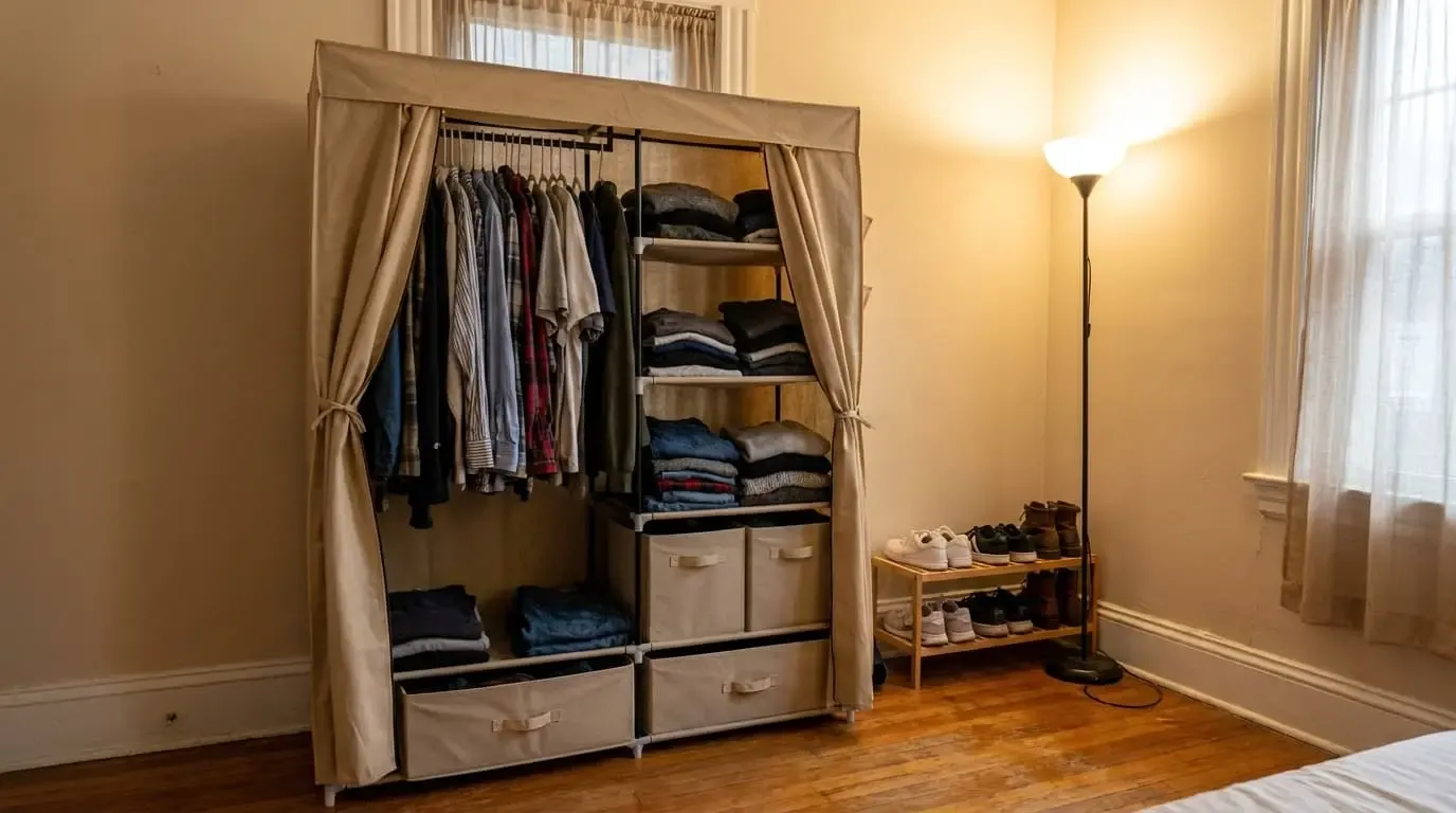 A fabric wardrobe organizer filled with clothes next to a floor lamp.