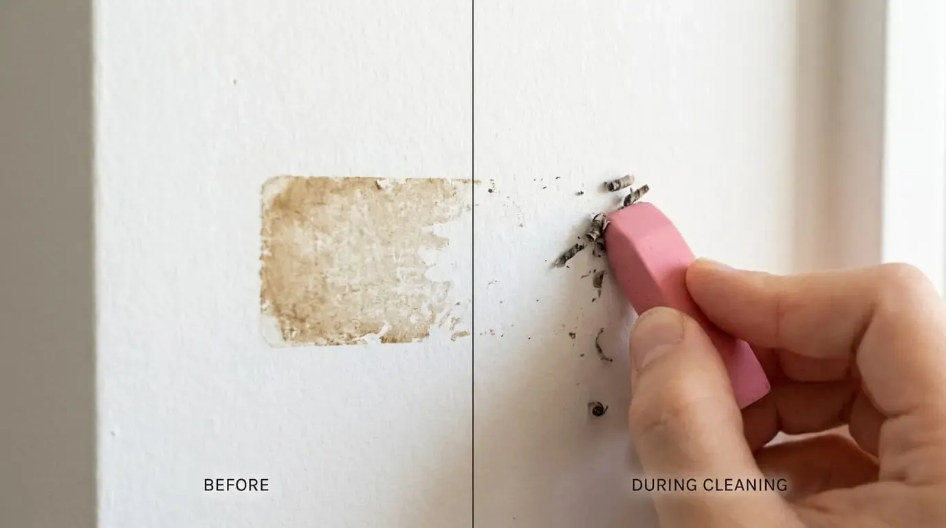 A side-by-side view showing sticky residue erased from a white wall.
