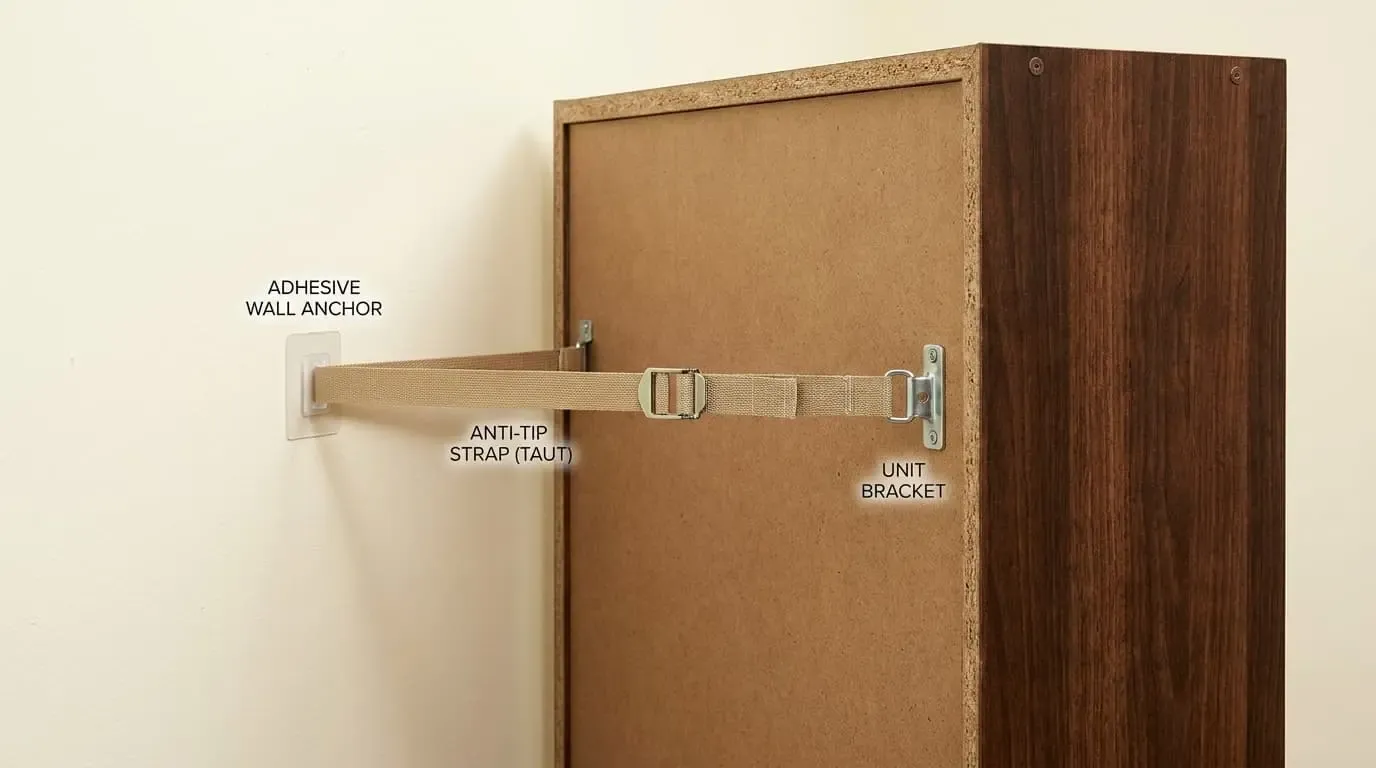 Adhesive anti-tip strap connecting freestanding bookcase to rental wall