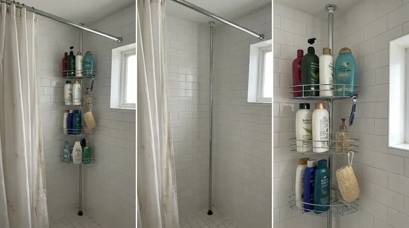 Tension pole corner shower caddy in a clean white tiled bathroom