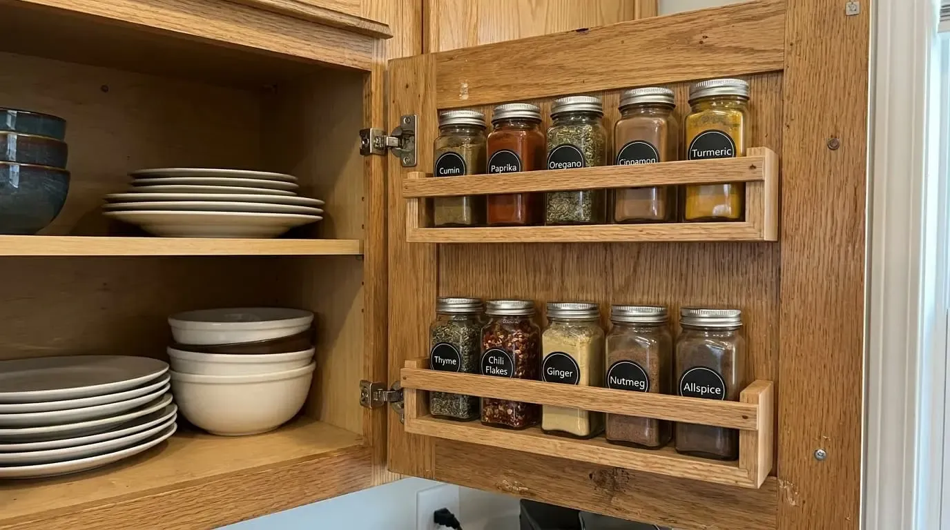 An open wooden kitchen cabinet featuring two door-mounted wooden spice racks filled with labeled glass spice jars.