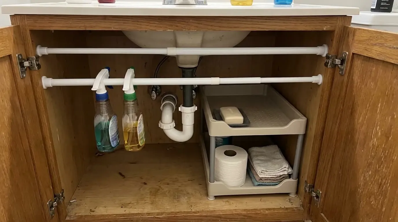 Spray bottles on a tension rod next to a small two-tier bathroom sink organizer.