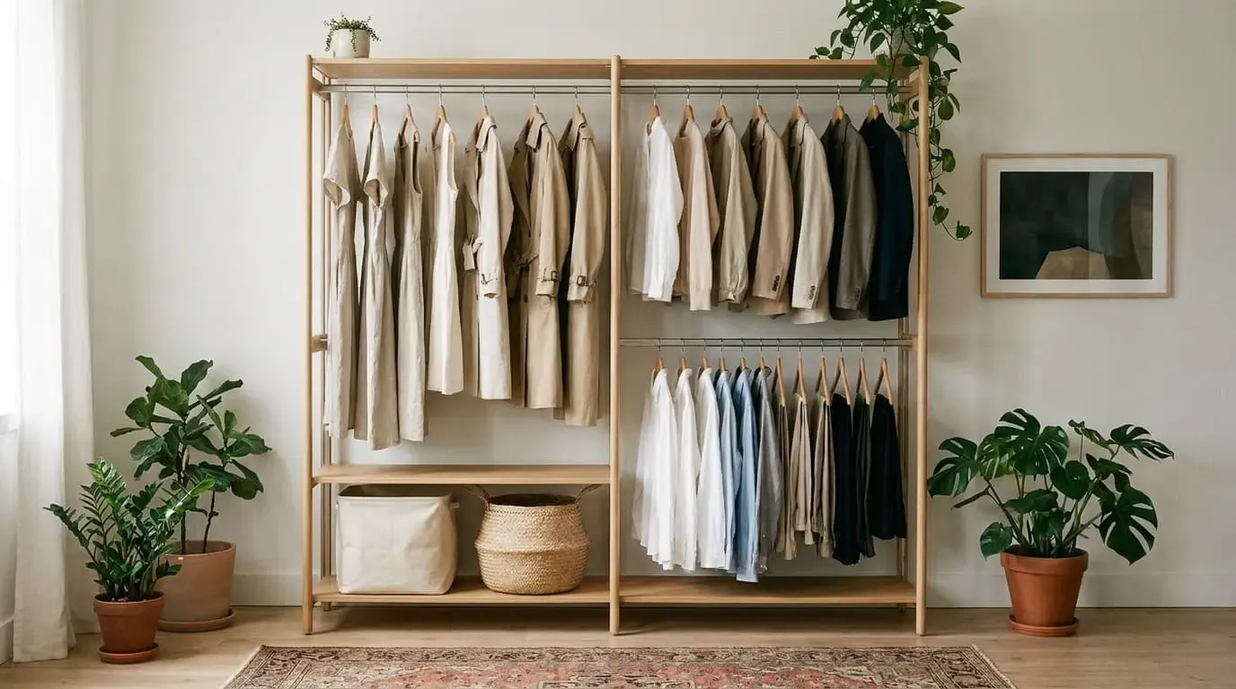 A wooden open wardrobe rack filled with neutral-colored hanging clothes.
