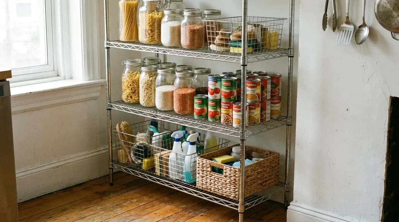 Wire shelving unit in rental kitchen with dry goods canned goods and cleaning supplies