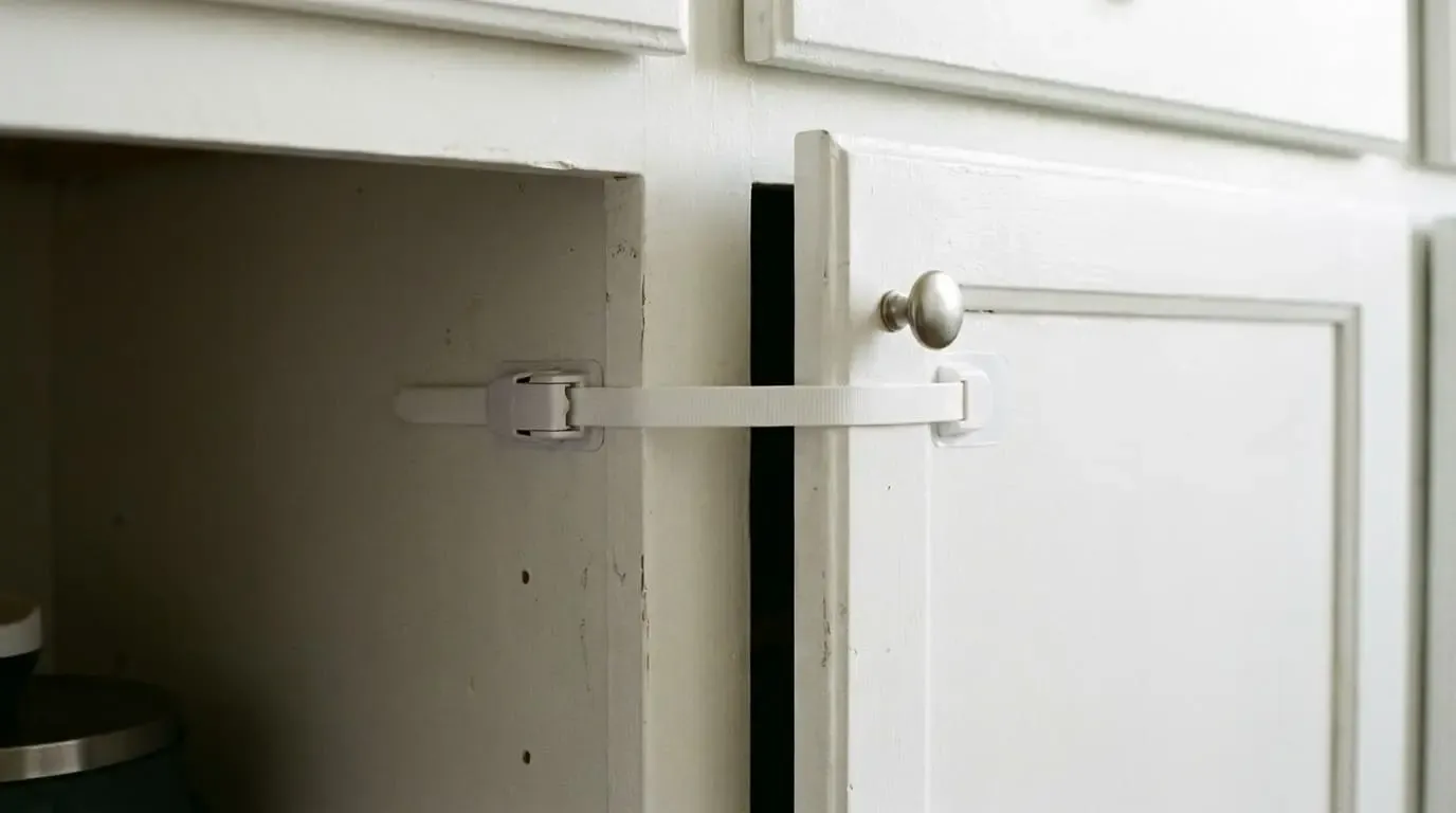 Adjustable white plastic child safety latch locked onto a wooden kitchen cabinet door