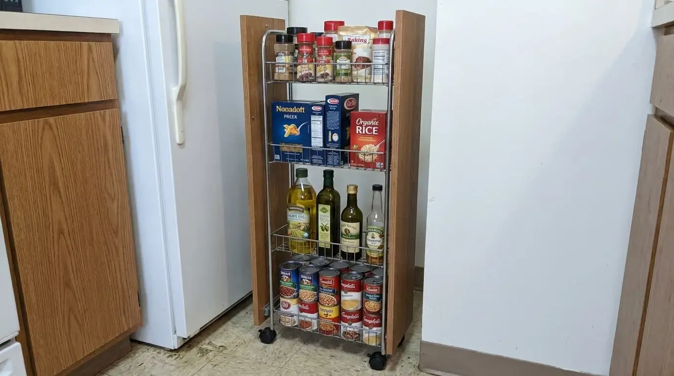A narrow, four-tier rolling wire pantry cart with wooden side panels filled with boxed goods, cooking oils, and canned food.