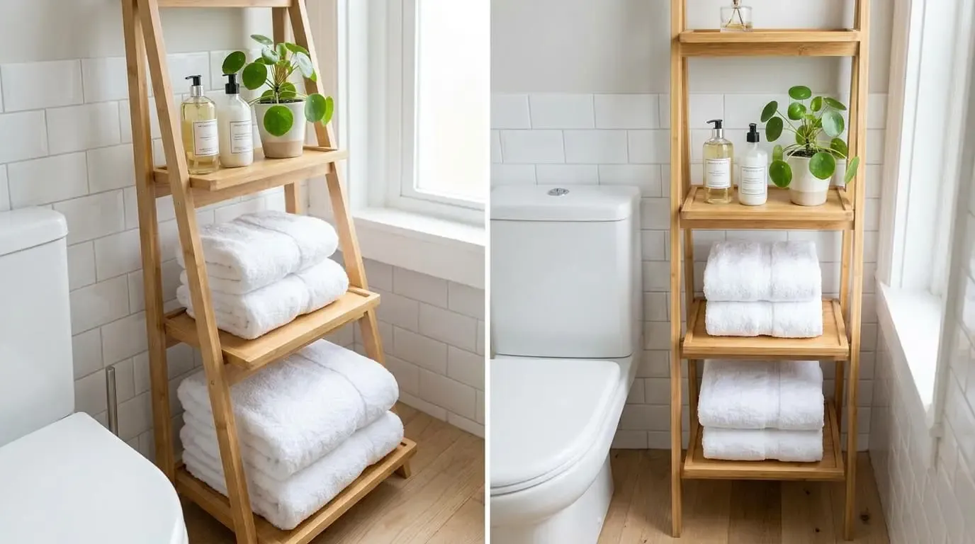 Split view of a light wood ladder shelf holding white towels and lotion bottles.