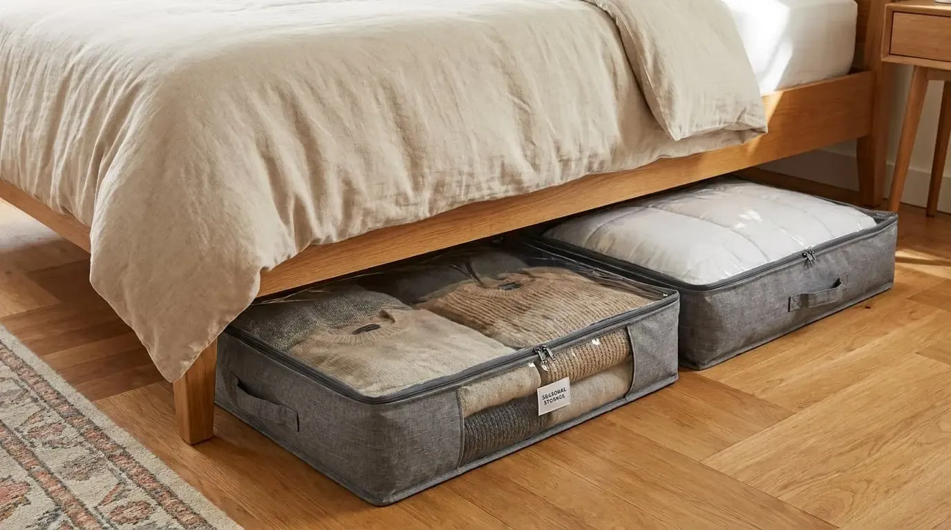 Two zippered gray storage bins filled with clothes tucked under a bed.