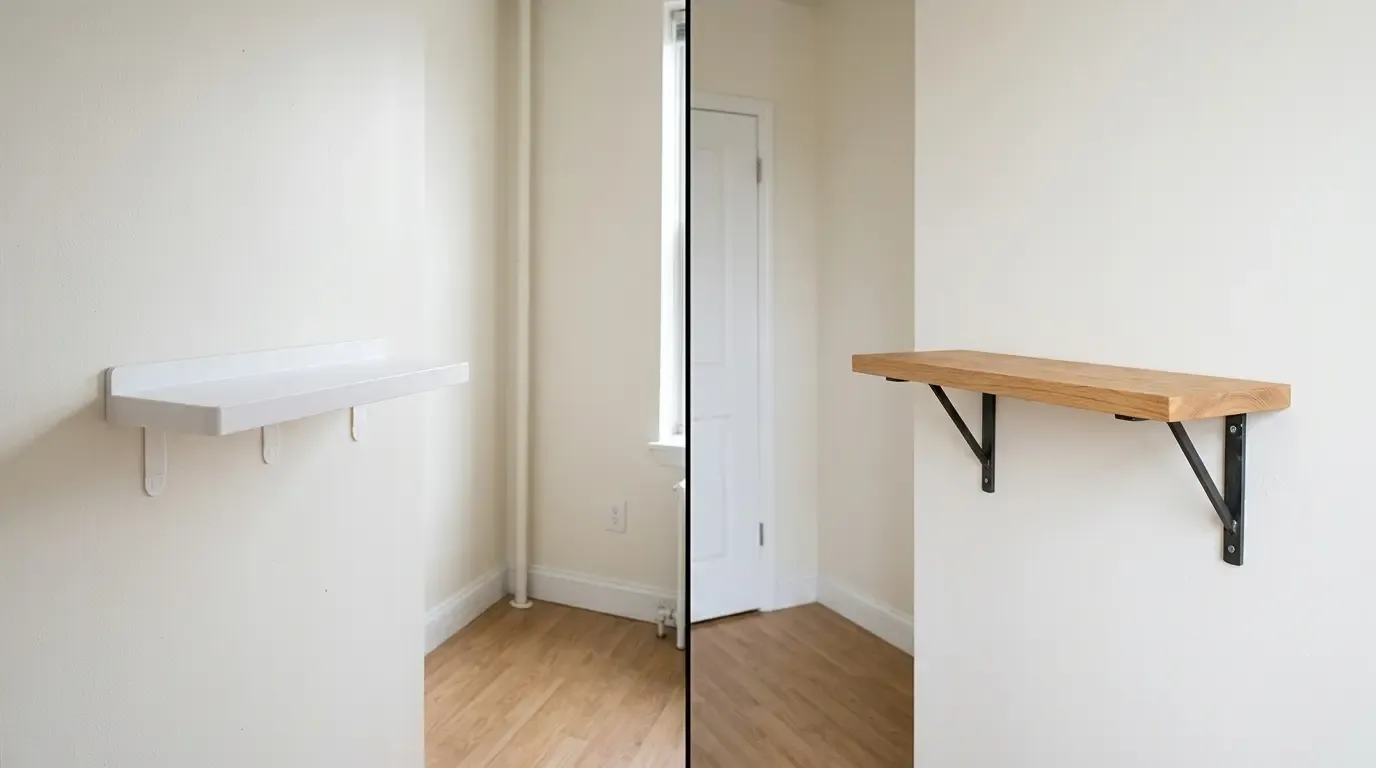 White adhesive shelf and wood bracket shelf side by side in a minimal rental room with natural light