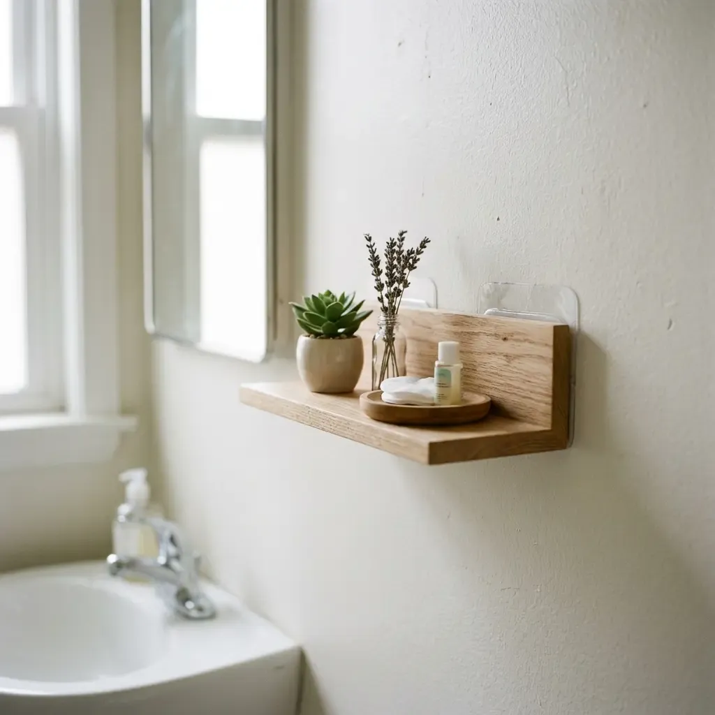 No-drill adhesive shelf in a rental bathroom with small plants and toiletries, adhesive strips visible on the wall