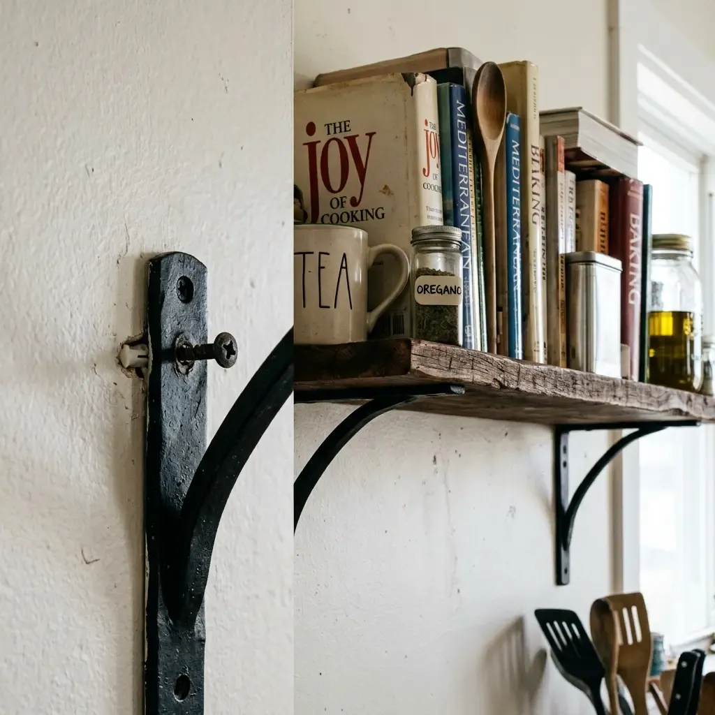 Wall bracket shelf screwed into drywall and loaded with cookbooks and kitchen items