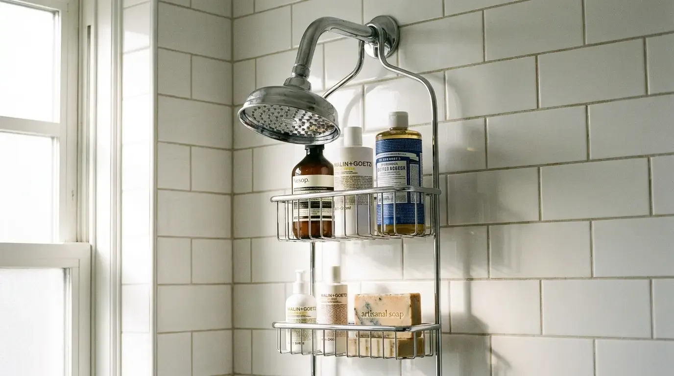Over the showerhead caddy hanging from shower arm with toiletries on white tile wall