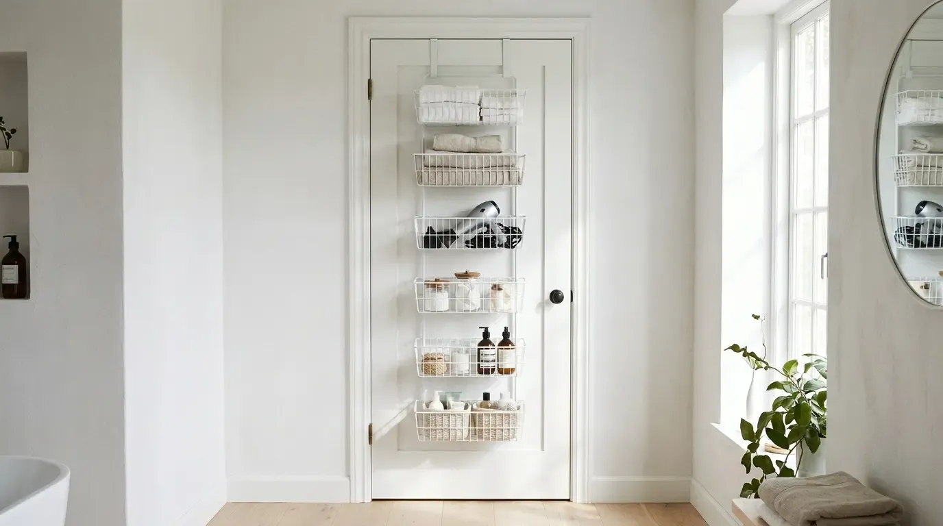 White 5-shelf over-door wire basket organizer on a bathroom door.