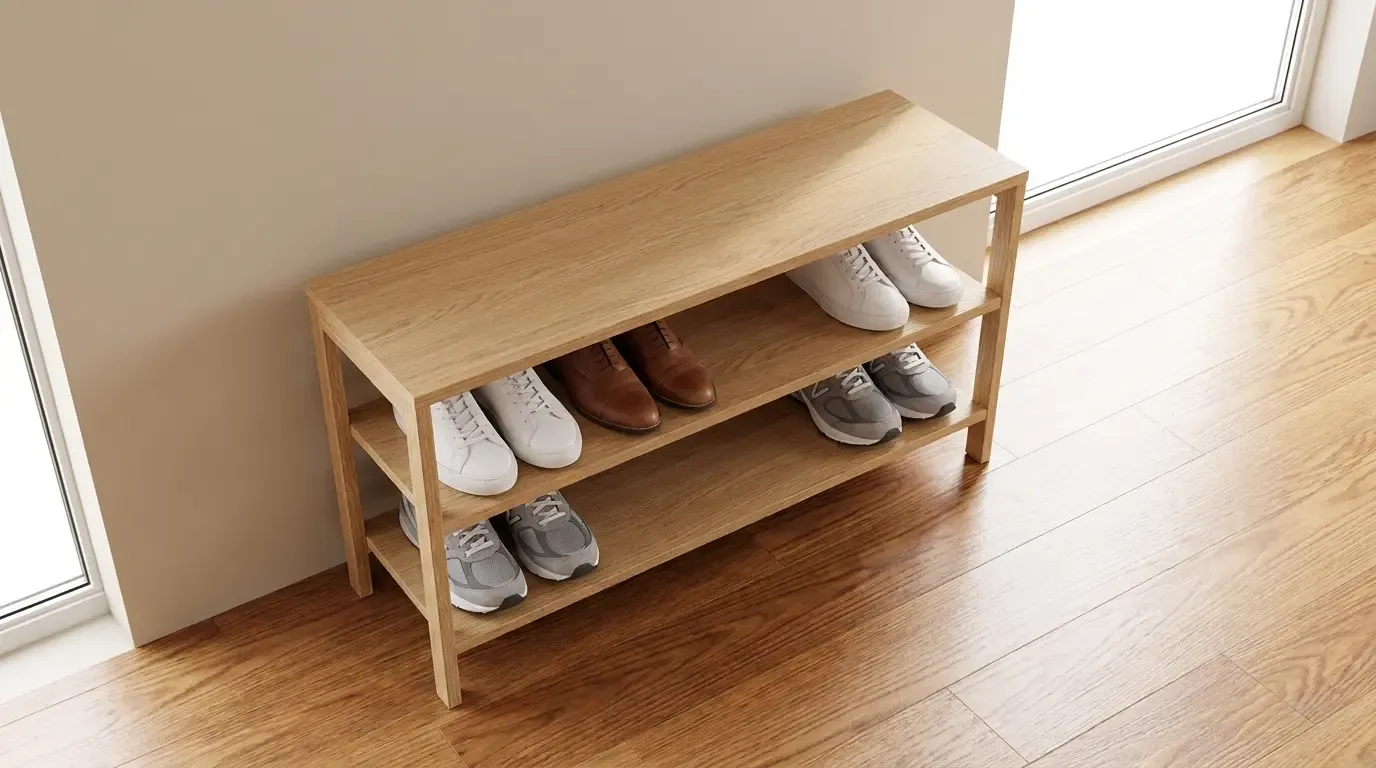 A wooden three-tier shoe rack holding organized sneakers and dress shoes.