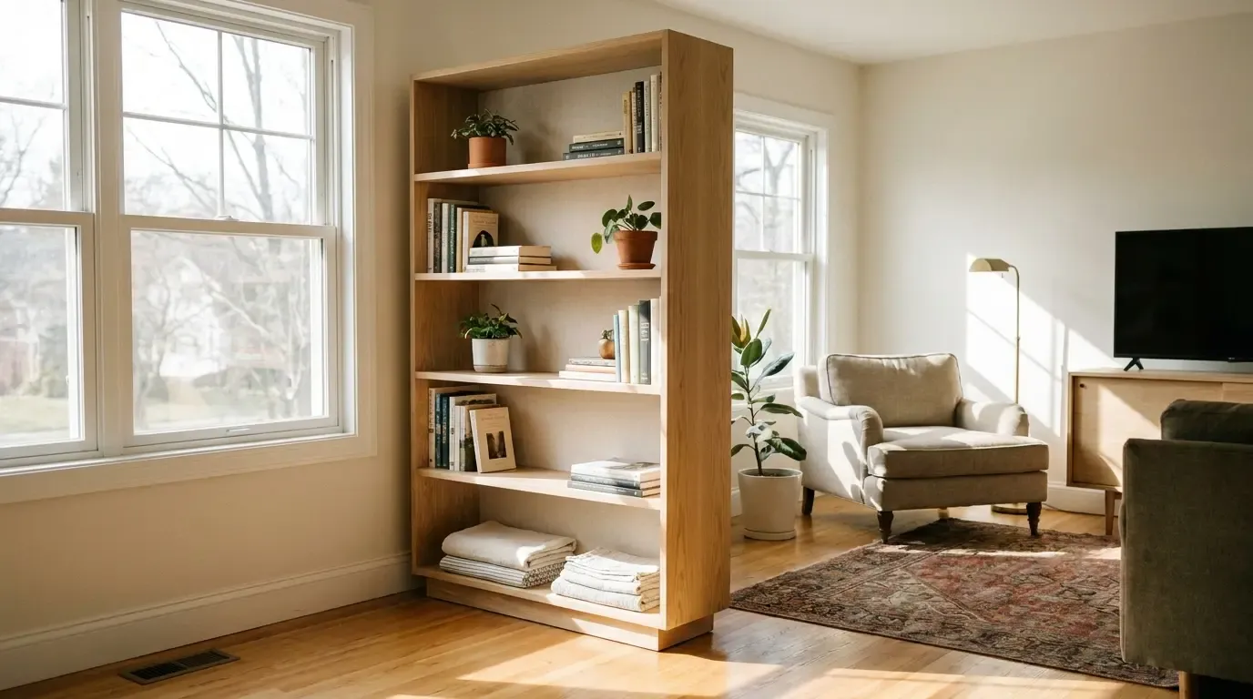 Freestanding wood bookcase with books and plants in bright rental living room