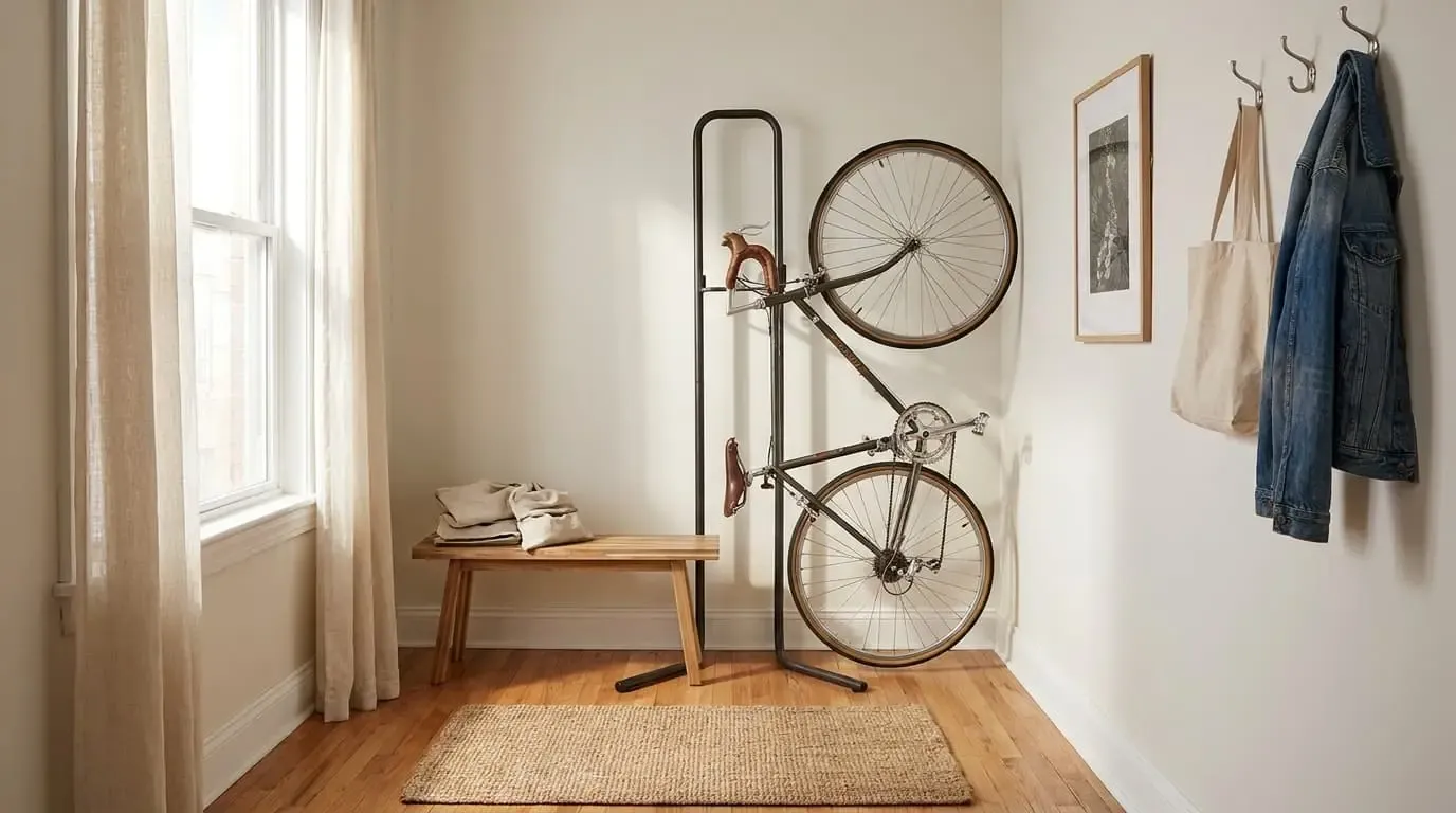 Freestanding vertical bike stand storing road bike in apartment entryway