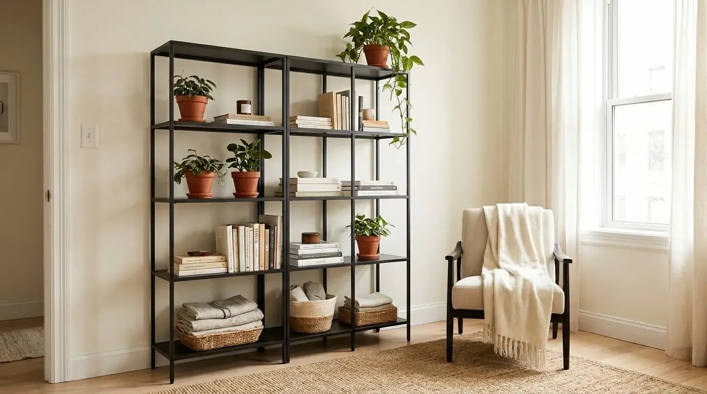 Freestanding industrial metal shelving unit with books and plants in rental living room