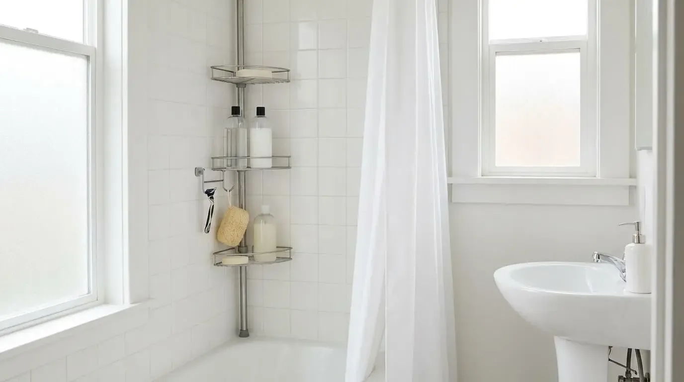 Tension pole shower caddy installed in a rental bathroom corner