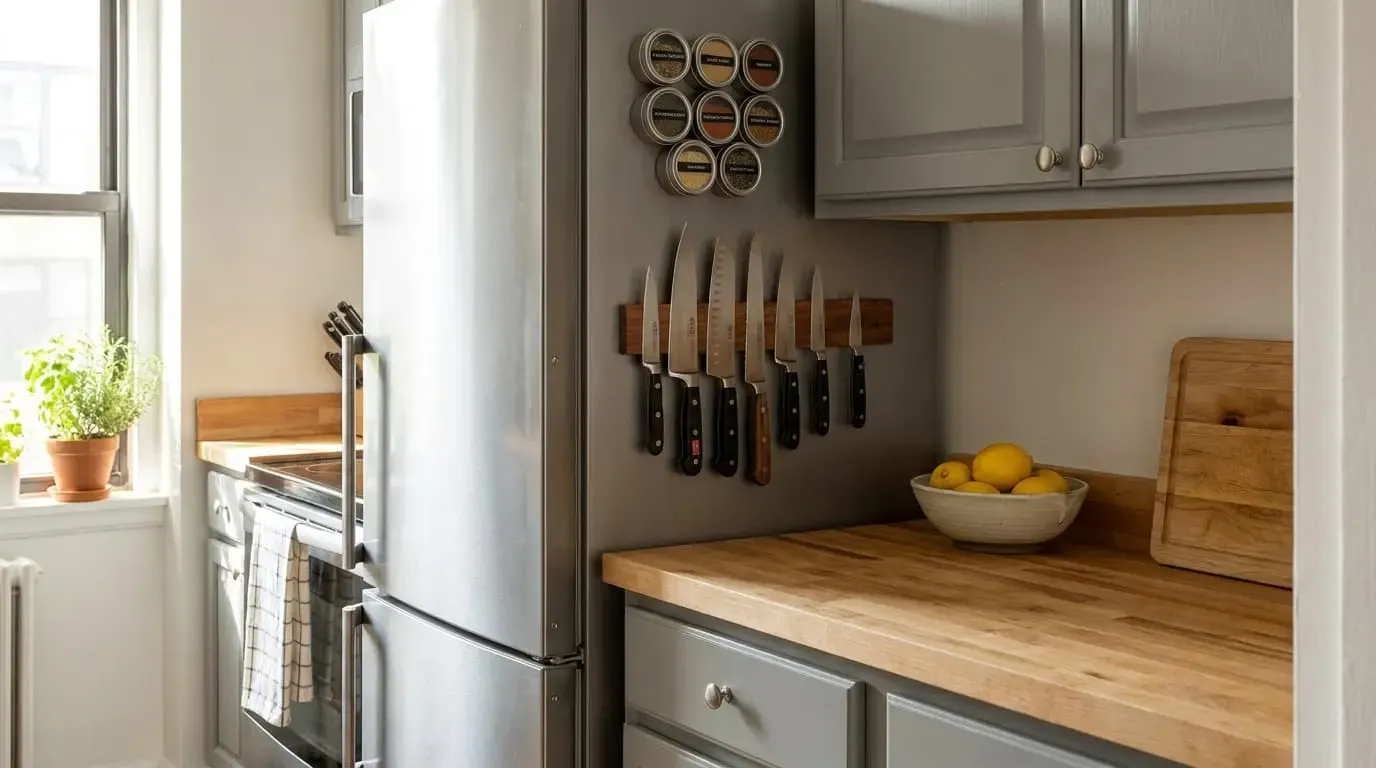 Magnetic knife strip and spice jars mounted on refrigerator
