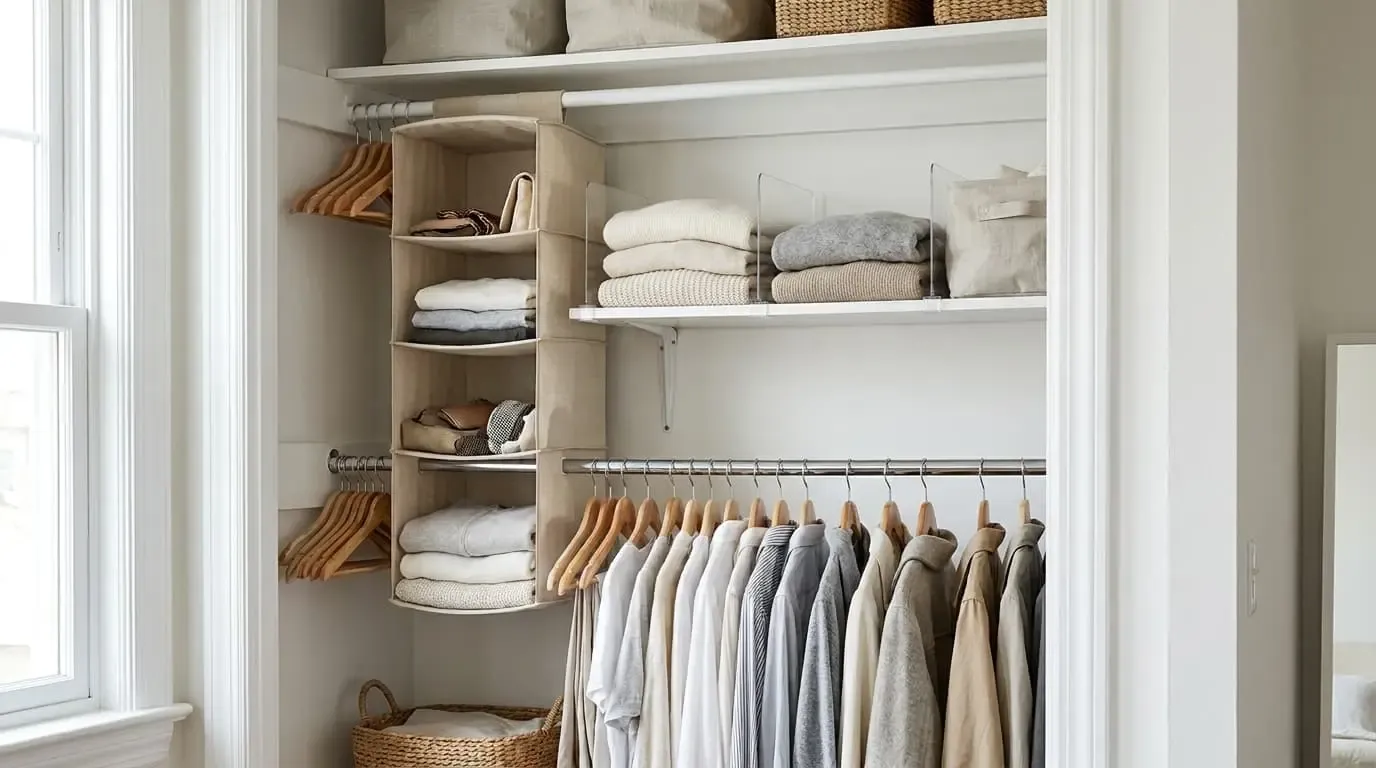 Organized walk-in closet with hanging shelves holding folded clothes and shoes on rack below