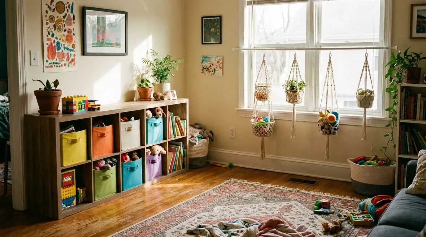 Sunlit playroom with a wooden cube organizer shelf and hanging macrame storage baskets.