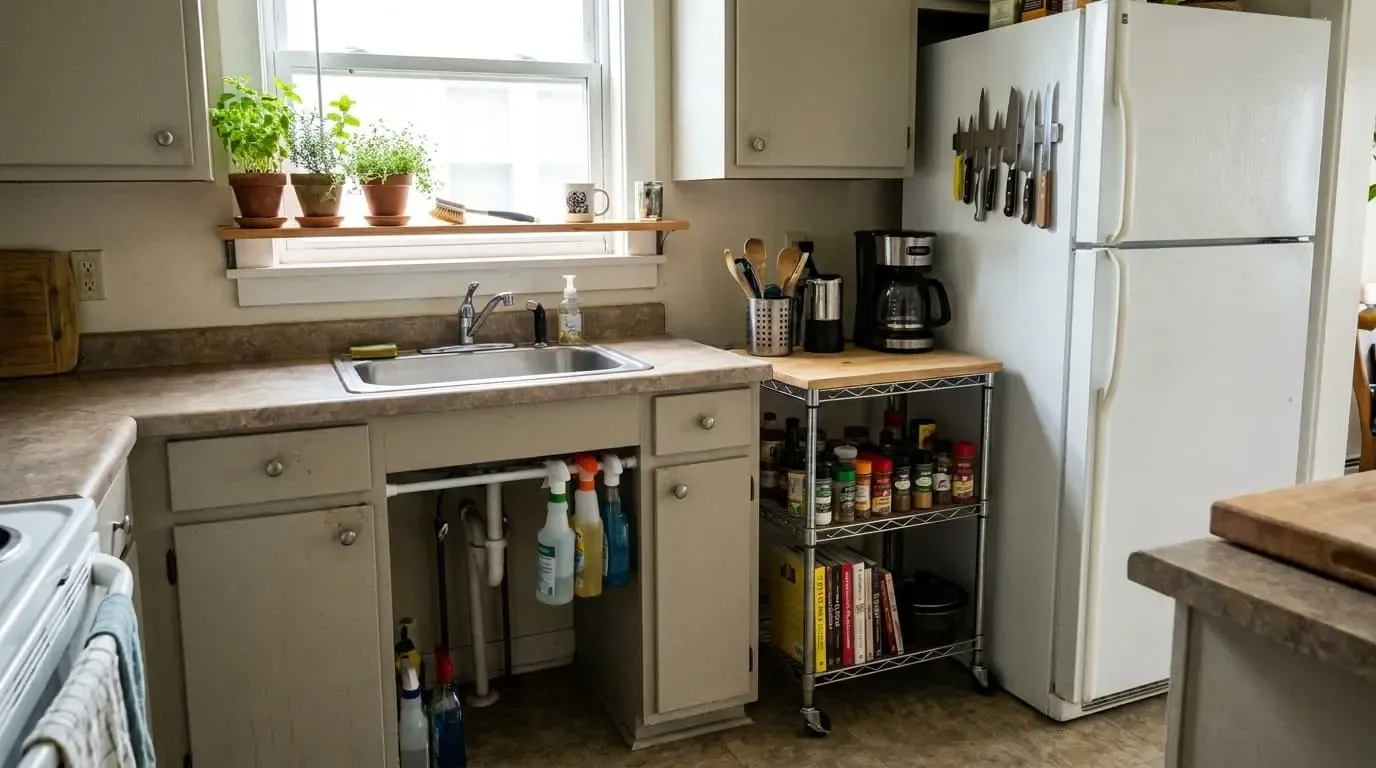 A small kitchen setup showing spray bottles hanging on a tension rod under the sink and a rolling metal utility cart packed with spices and cookbooks.
