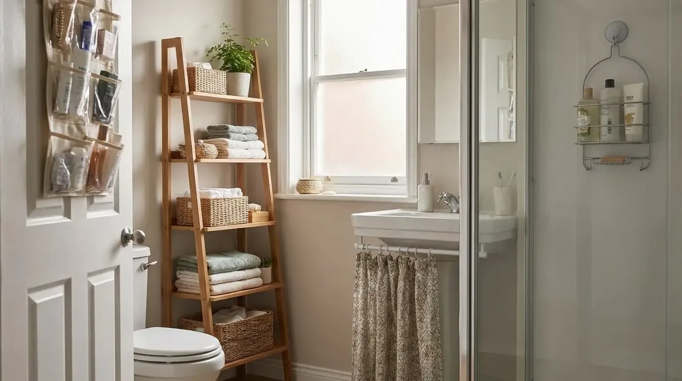 A small bathroom featuring a wooden ladder shelf and hanging wall organizers.