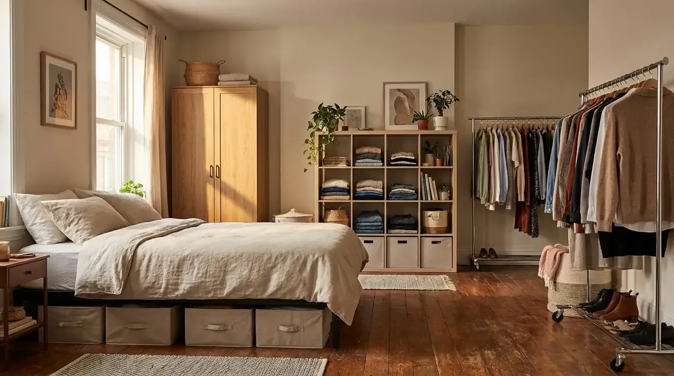 A bedroom featuring under-bed bins, a storage cube unit, and clothing racks.