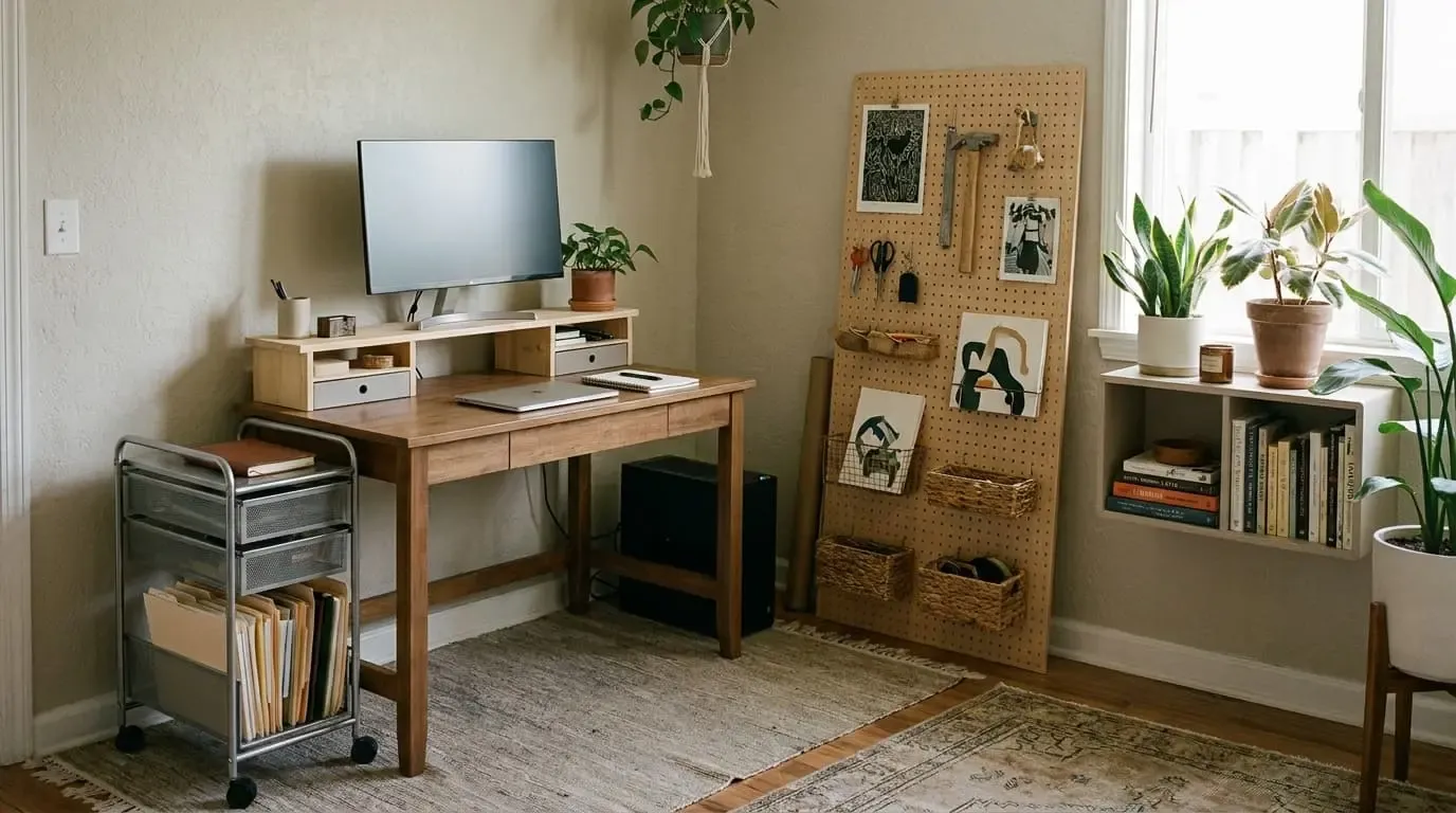 A home office setup with a desk, pegboard, rolling cart, and plants.