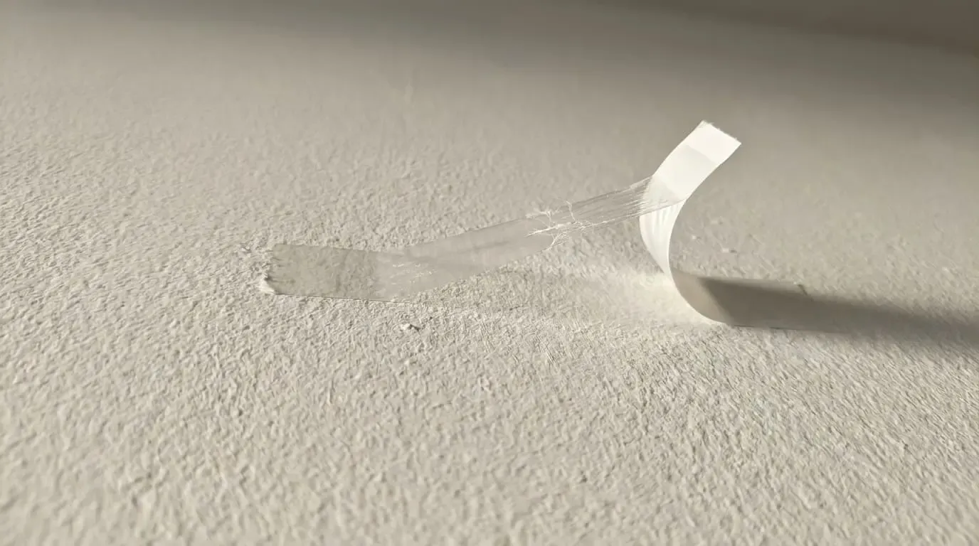 Clear adhesive tape peeling off a textured white wall.