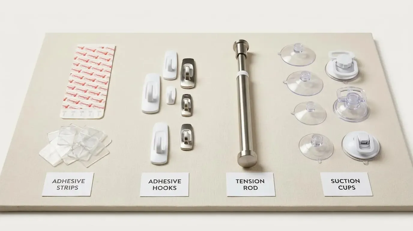 Command strips, hooks, a tension rod, and suction cups organized on a board.