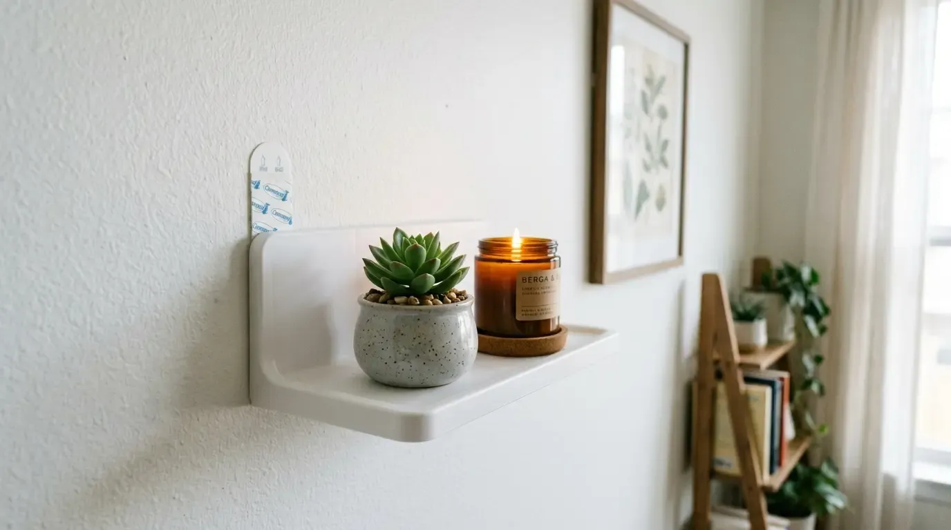 A minimalist white wall shelf with a small potted succulent and a lit amber candle, beside a wooden ladder-style bookshelf and indoor plants near a bright window.
