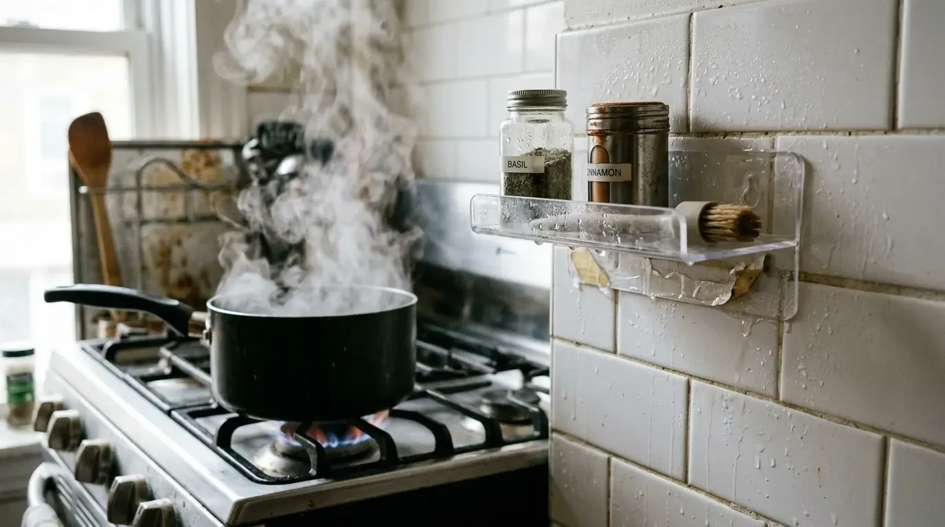 Steaming pot on a gas stove beside a clear wall-mounted shelf holding basil and cinnamon jars.