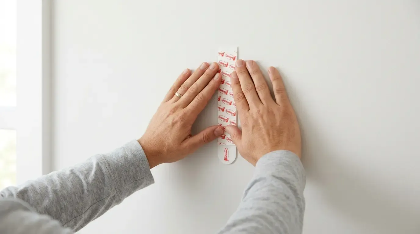 Hands pressing an adhesive mounting strip firmly onto a white wall.