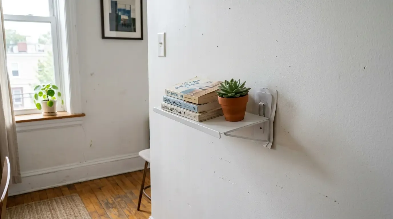Small white wall-mounted shelf holding stacked books and a succulent in a rental apartment.