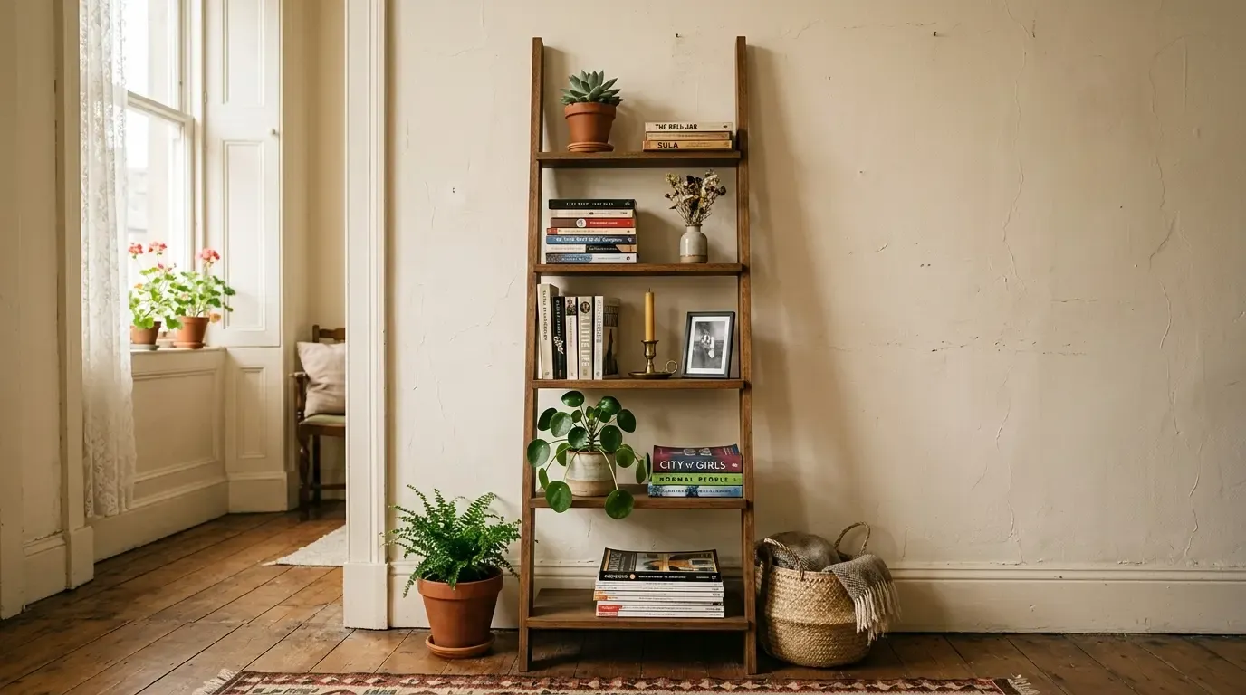 Wooden ladder bookshelf styled with books, plants, and decor against a plaster wall.