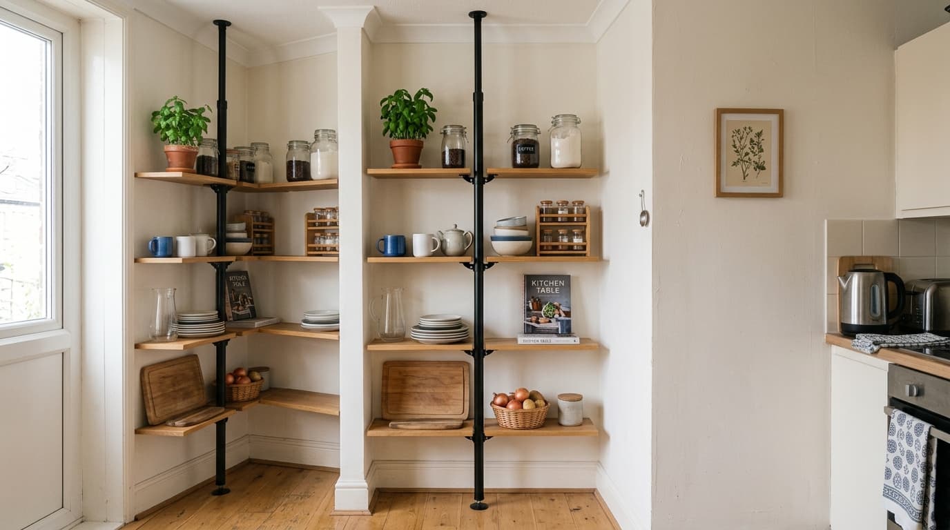 Kitchen corner with tension pole shelving holding dishes, jars, cookbooks, and plants.