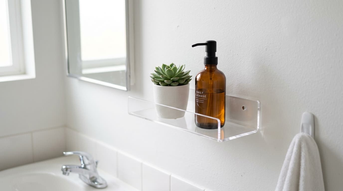 Clear acrylic shelf above a bathroom sink holding a succulent and amber soap bottle.