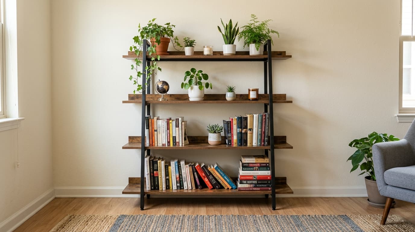 Industrial-style bookshelf filled with plants, books, and decor in a bright living room.