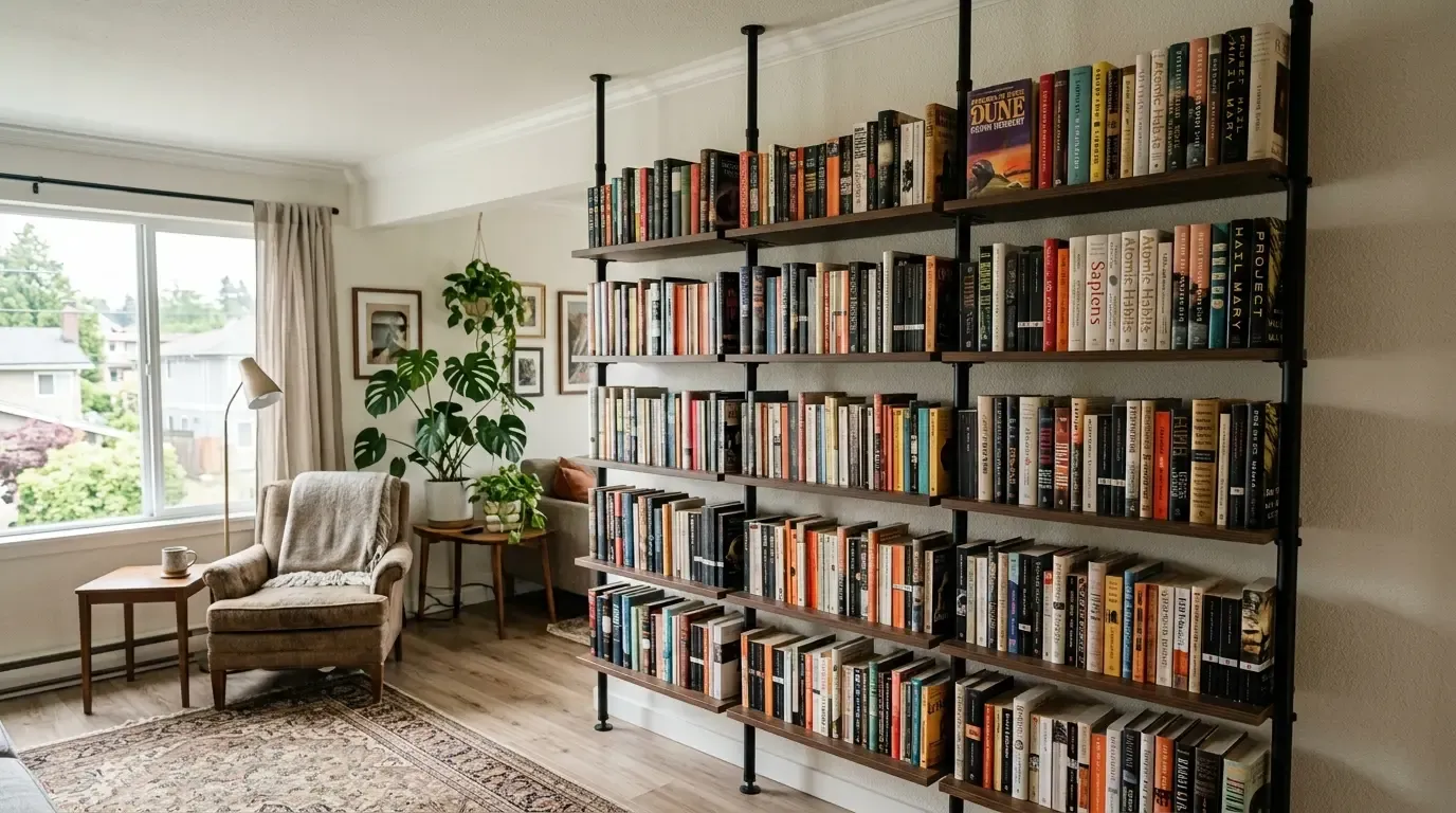 Wall-spanning tension pole bookshelves filled with books, beside a cozy reading chair and plants.
