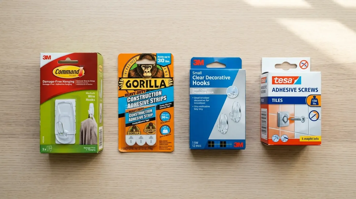 Four adhesive hook and mounting product boxes Command, Gorilla, 3M, and Tesa lined up on a wood surface.