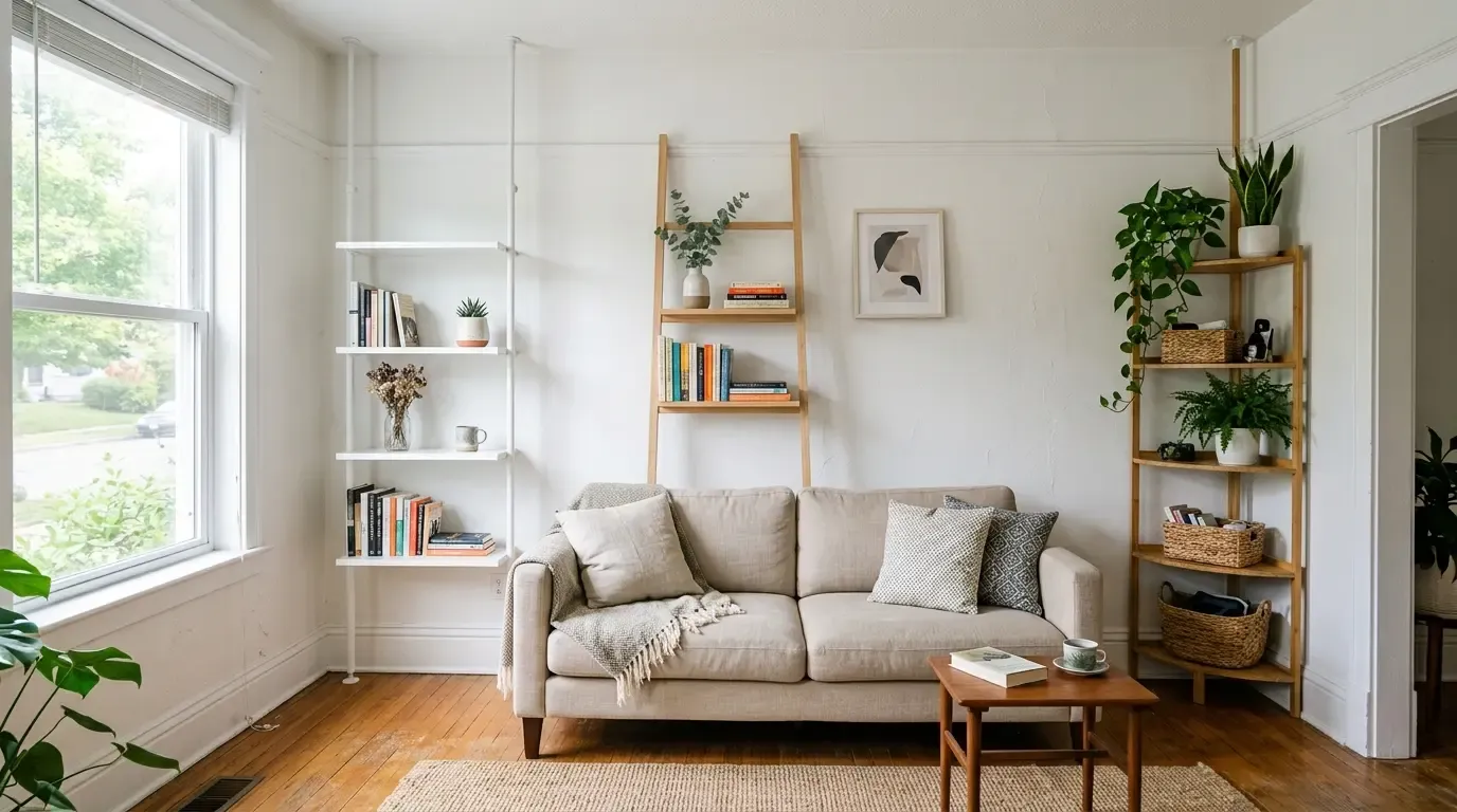 Bright living room with a beige sofa framed by tension pole, ladder, and corner shelving units holding books and plants.