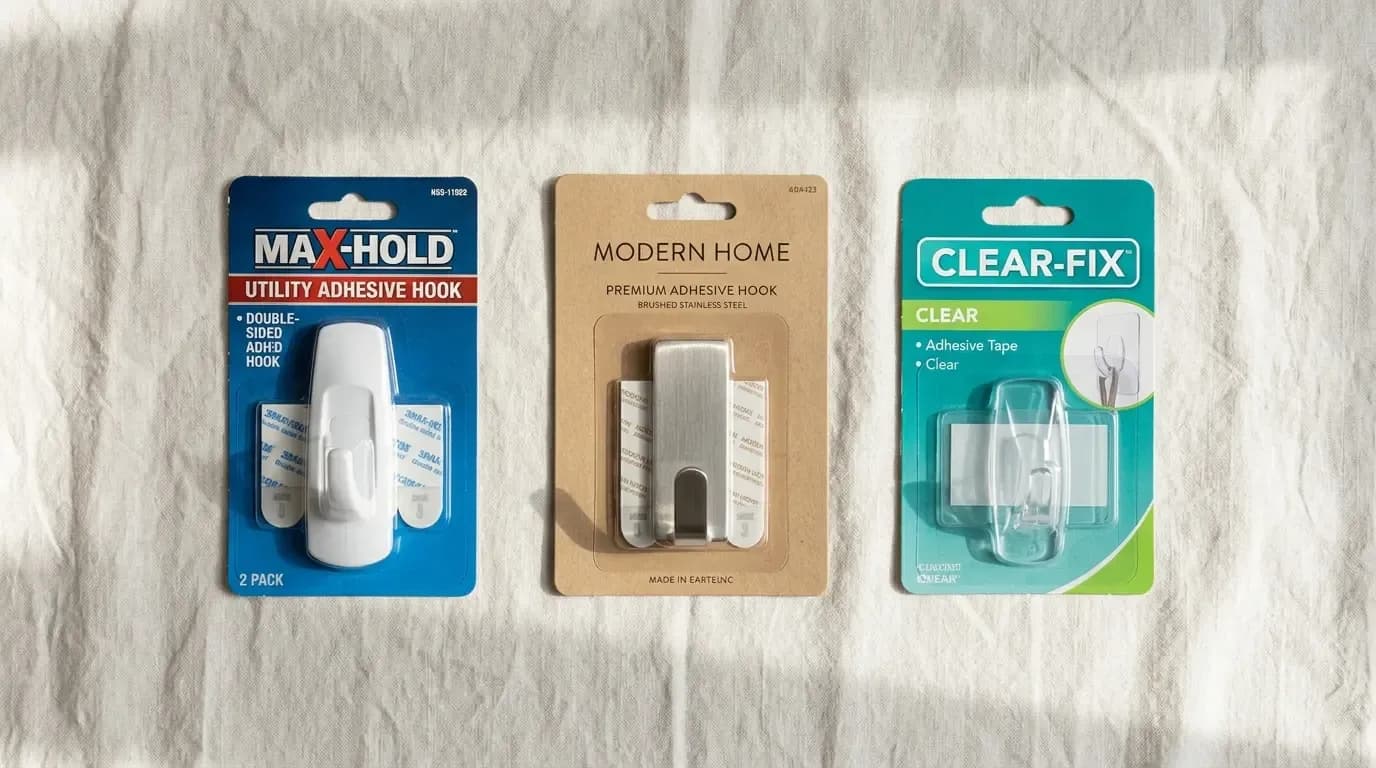Three packaged adhesive hooks Max-Hold, Modern Home, and Clear-Fix laid on a white fabric background.