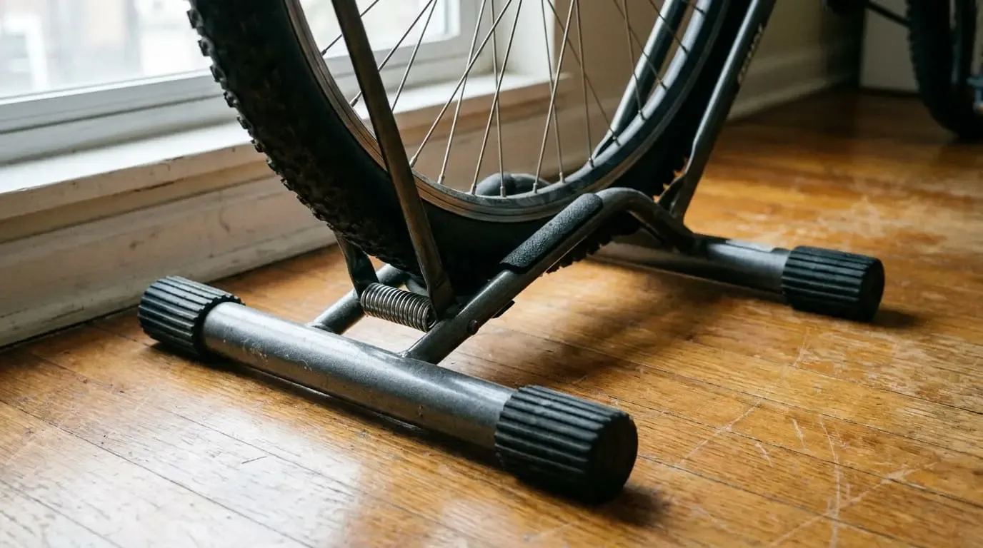 Freestanding bike stand base with rubber feet on hardwood apartment floor